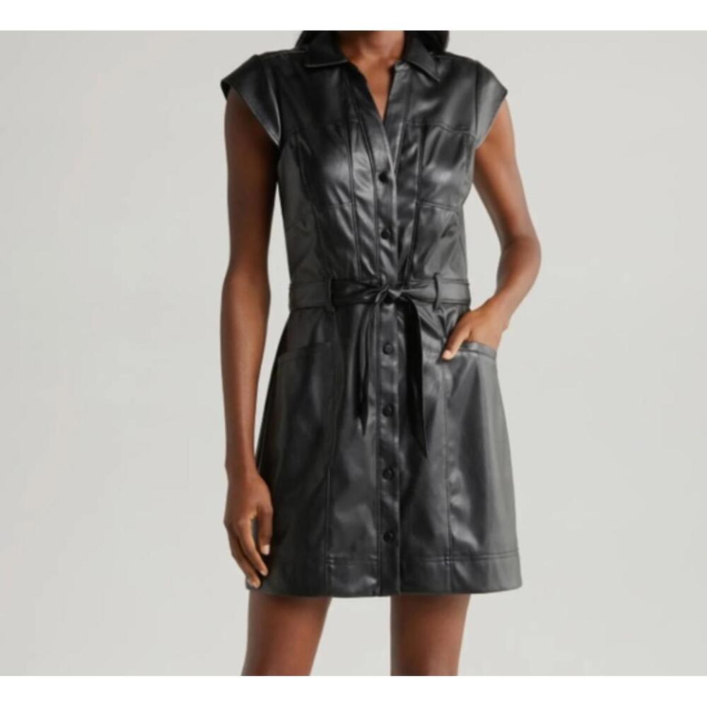 PAIGE black Jaxsyn faux leather belted mini dress sz S